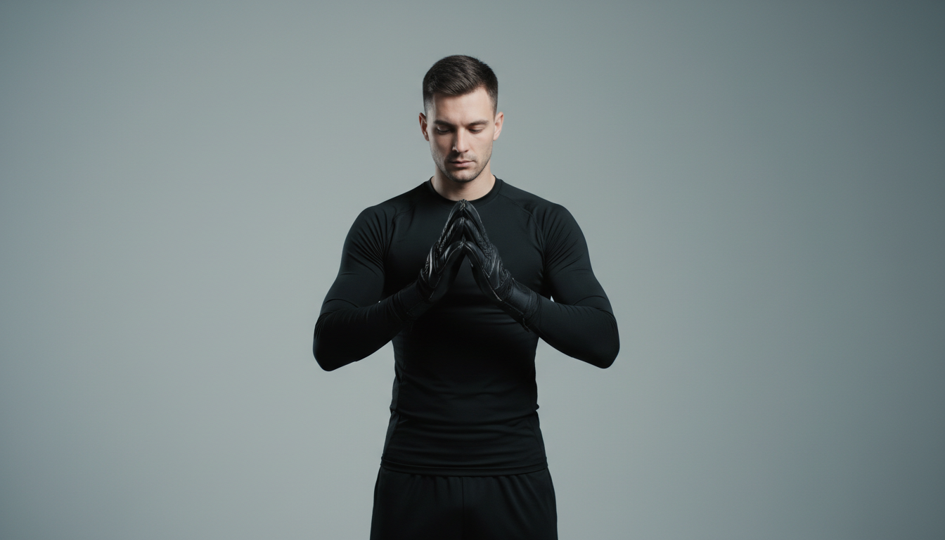 Man in black long-sleeved shirt and gloves with hands clasped in front of him