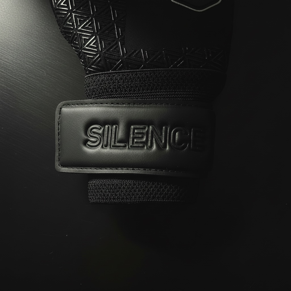 Close up of the Foundation 01 Goalkeeper Gloves with Silence embossed on the wrist strap