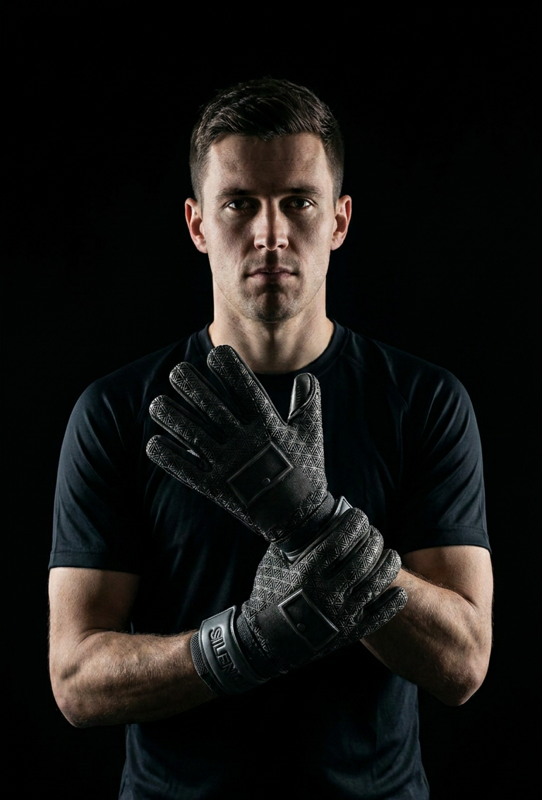 Man wearing black patterned goalkeeper gloves against a black background