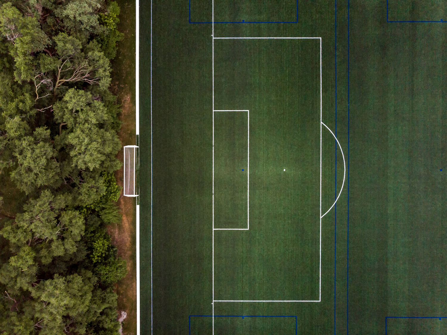Aerial view of a soccer field with white and blue lines, a goal, and green trees on the left